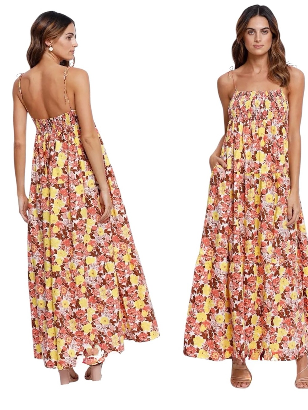 S/W/F Floral Tiered Maxi Dress Open Back Smocked Cotton Tie Strap Size M